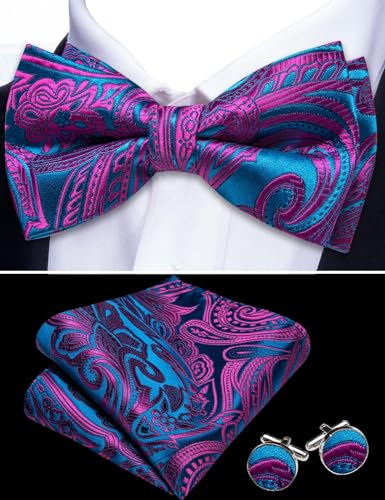 Image of YOHOWA Mens Bow Tie Set Paisley Coloful Pre-tied Bowties Adjustable with Handkerchief Cufflinks Wedding Prom Party