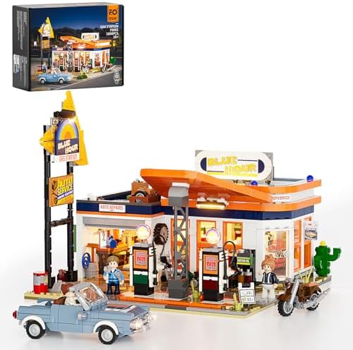 FUNWHOLE City Gas-Station Lighting-Building-Bricks Set - Road Trip Modular Car Service Station Collection LED Light Building Set 1608 Pcs for Adults, Teen and Travelling Enthusiasts