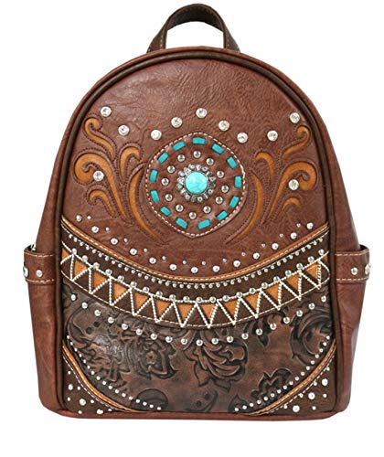 Texas West Western Women's Laser Cut Concho Floral Carry Top Handle Backpack in 4 colors (Brown)