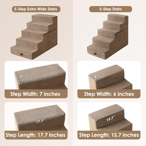 Image of EHEYCIGA Dog Stairs for High Bed 25 inch H, 5-Step Extra Wide Dog Steps for Bed, Pet Steps for Small Dogs and Cats, Non-Slip Balanced Pet Ramp Indoor, Camel