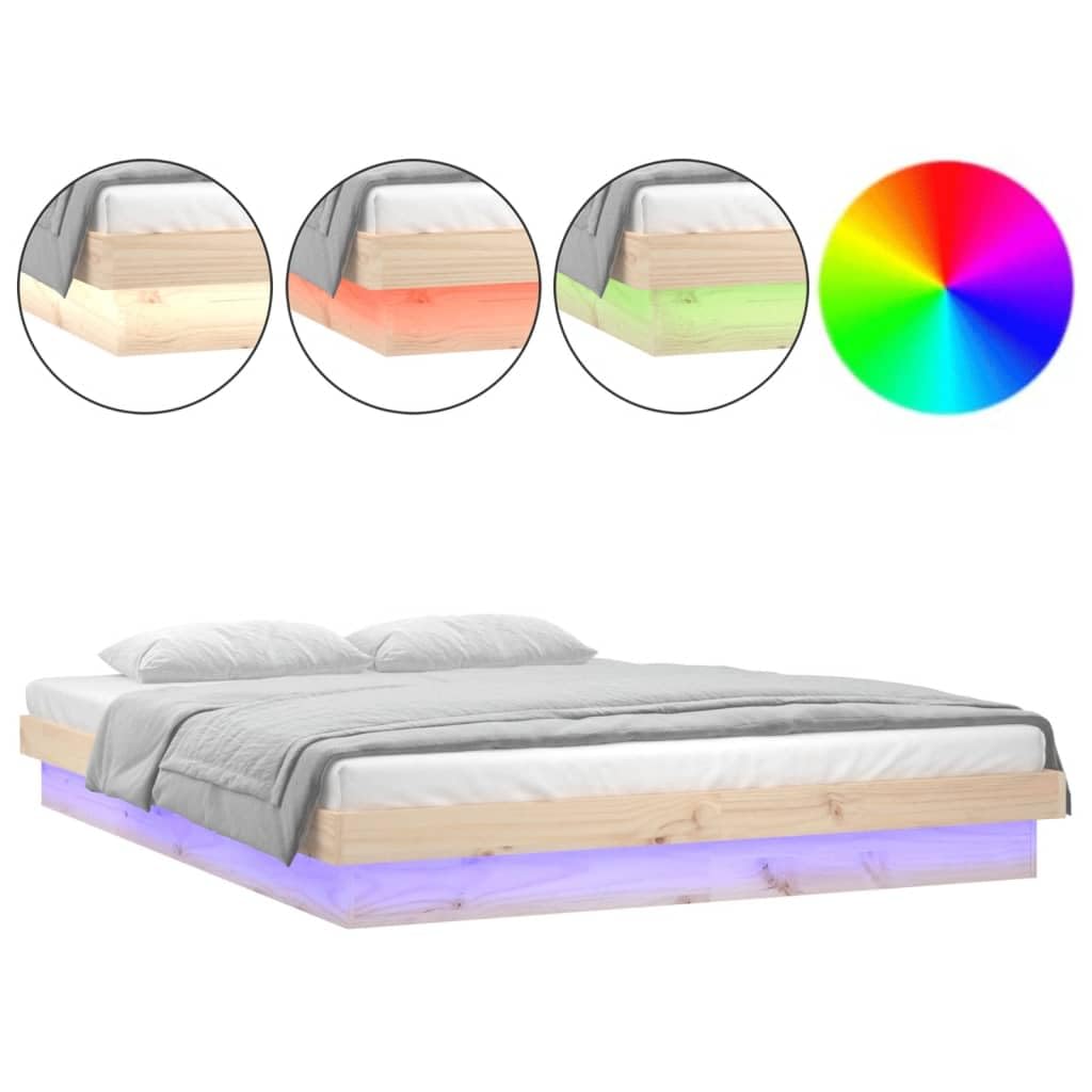 Festnight Letto Matrimoniale 160x200, Struttura Letto con LED, Giroletto in Legno Massello di Pino Naturale, Striscia LED Colorata e Telecomando