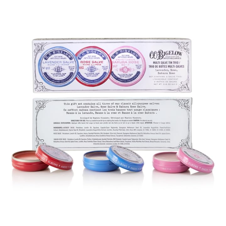 C. O. Bigelow C.O. Bigelow Assorted Salve Tins, Pack of 3 Lip Balm Tins, Rose, Lavender, and Sakura Rose All Purpose Salve for Lips, Cuticles, Hands & Dry Skin, Lip Balm Set, 0.8 oz
