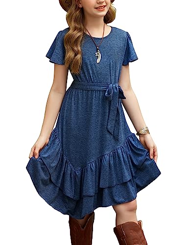 Arshiner Girls Summer Dresses 2023 Ruffle Sleeve A-Line Swing Casual Midi Dress Navy Blue Size 10-12