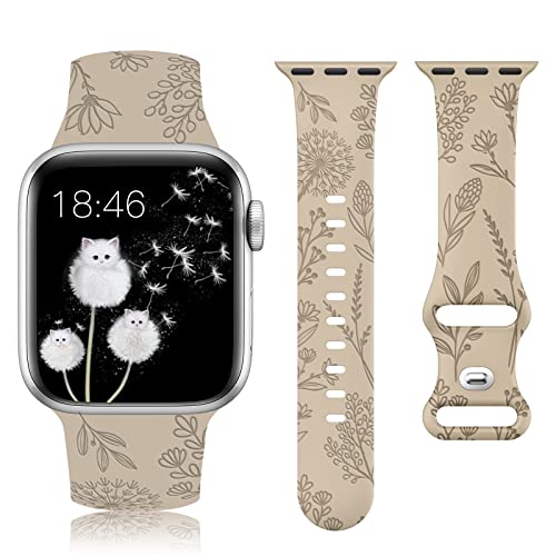 Image of Minyee Floral Engraved Band Compatible with Apple Watch 41mm 40mm 38mm 42mm 44mm 45mm 46mm 49mm Women, Cute Soft Silicone Flower Sport Fancy Strap for iWatch Series 11 10 9 8 7 6 5 4 SE /Ultra 3 2 1