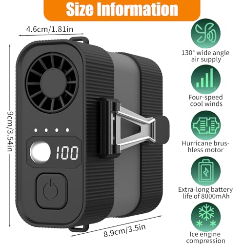 4 Verstellbare Windgeschwindigkeite Tragbarer Taillenventilator, Taillenclip Ventilator mit LED-Digitalanzeige, USB Handventilator, Mini Outdoor Mobile Klimaanlage für Arbeit, Baustelle (Schwarz)