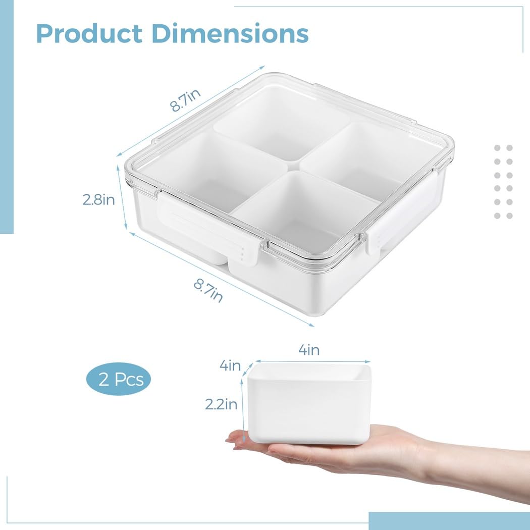 Juego de 2 bandejas para verduras con tapas y 4 compartimentos extraíbles, recipientes cuadrados apilables para frutas, verduras, aperitivos, ensaladas y organización de refrigerador