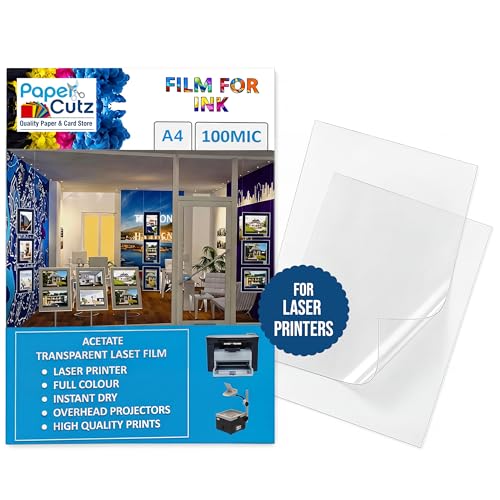 Papercutz A4 Laser Acetate Sheets (100 Sheets) 100 Micron Acetate Sheets A4 Transparent Paper for Printing Overhead Projector Film OHP Sheet Clear Plastic Sheeting for Crafting