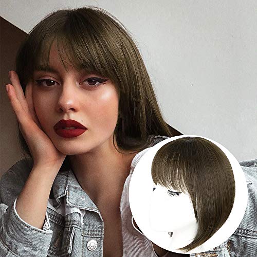 KooKaStyle Clip in Bangs 3D Air Bangs Straight French Fringe Hair Patch Synthetic Topper Cover Hairpieces with Bangs for Women One Piece Bangs with Temples (Cold Brown)