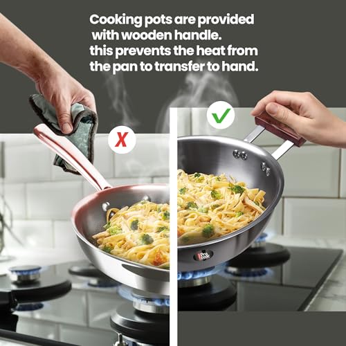 Image of MILTON Pro Cook Induction Cookware & Gas Stove Friendly Triply Stainless Steel Kadhai with Glass Lid 20cm (1.5L) | Deep Fry Pan | Sturdy Wooden Handle | Less Oil Healthy Cooking | 3Y Warranty | Silver