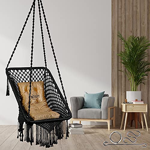 Image of Patiofy Made in India Premium Rectangle Shape Swing for Balcony /Hammock Hanging Swing Chair for Adults for Home /Jhula for Adults with Golden Cushion & Accessories for Patio, Garden (Black)