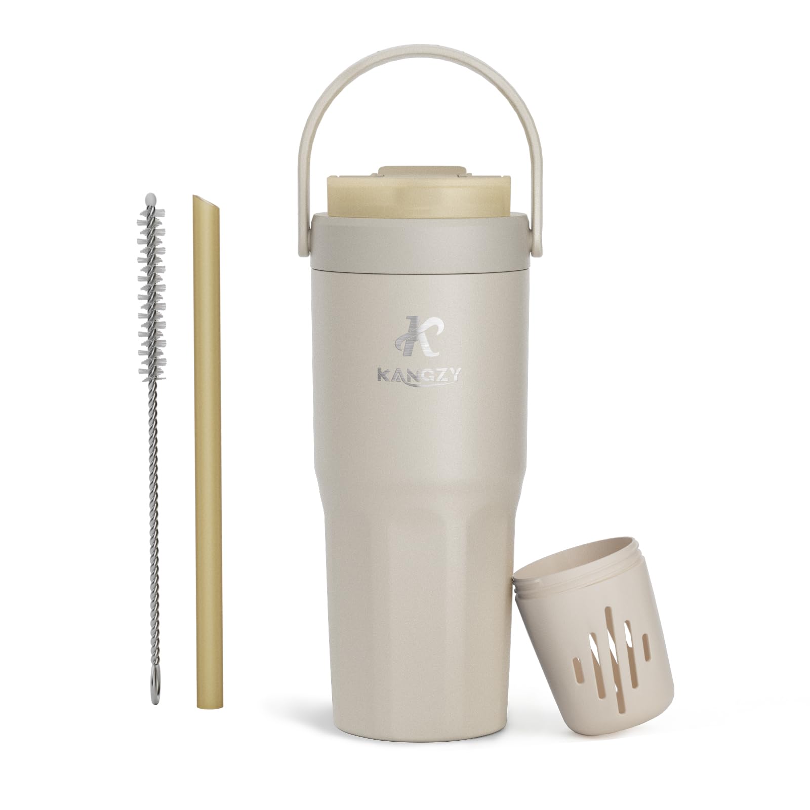 KANGZY Coffee Cup Travel Mug 600ml – Stainless Steel Insulated Water Bottle, 2-in-1 Lid, Vacuum Thermal Cup, Leak-Proof Design, Keeps Drinks Hot 8H+ / Cold 24H – Work, Travel & Car (Cream White)