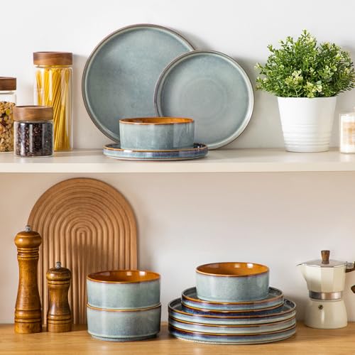Image of vancasso ONION Ceramic Plates and Bowls Sets, 12 Pieces Light Blue Dinnerware Sets for Kitchen, Reactive Glaze Dishes Set for 4, Dishwasher and Microwave Safe