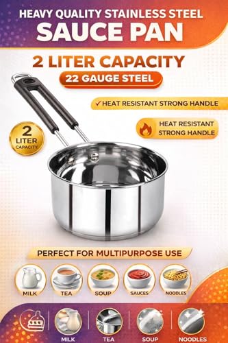 Image of 2 Liter Stainless Steel Sauce Pan | Heavy Quality 22 Gauge Steel Milk & Tea Pan | Mirror Finish Cooking Pot with Heat Resistant Handle | Multipurpose Kitchen Saucepan for Gas Stove