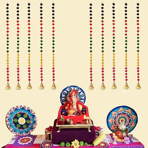 Image of DSCYENTES Pom Pom Door Side Hangings for Decoration, Ganesh Chaturti Decoration, Wall Hanging for Main Entrance,Temple Pooja Room, Stylish & Handmade Diwali Hanging (3 Feet, 10 Pc's)