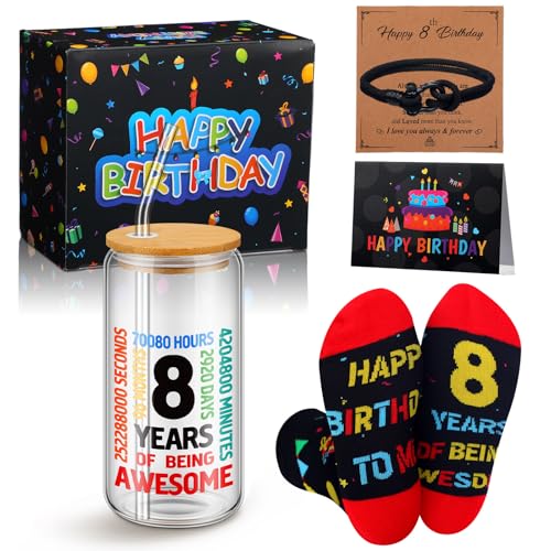 Geyoga 8 Year Old Boy Gifts Ideas 8th Birthday Gifts Baskets for Beautiful Teen Boys Funny Birthday Gift Box with Greeting Card Socks Bracelet Tumbler for Kids Grandson Brother