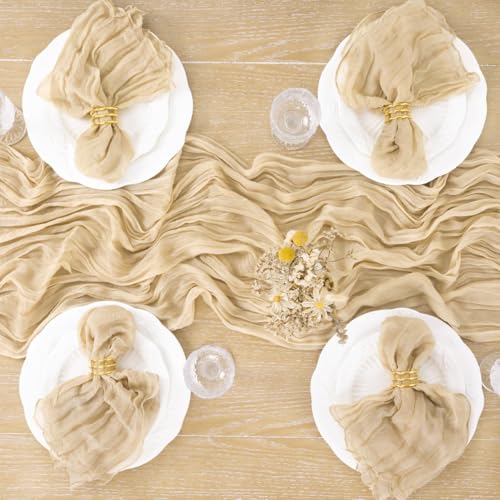 Image of MLMC Champagne Cheesecloth Table Runner 10ft Sand Rustic Gauze Cheese Cloth Table Runner 35x120 Inches for Farmhouse Cozy Holiday Outdoor Events Home Decor