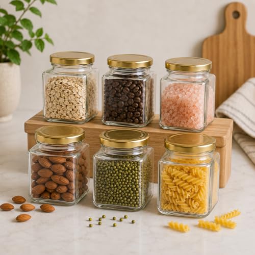 Image of Pure Source India Premium 150gm, 6 Pcs Glass Jar with Gold Lug Cap | Airtight Food Storage Jar for Honey, Jam, Pickles, Spices & Preserves