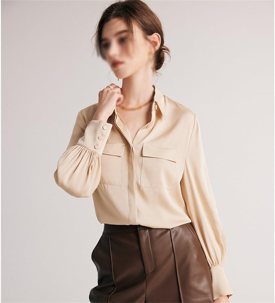 Silk Shirt Women's Spring/Summer Long Sleeved Commuter Silk Top(Medium)