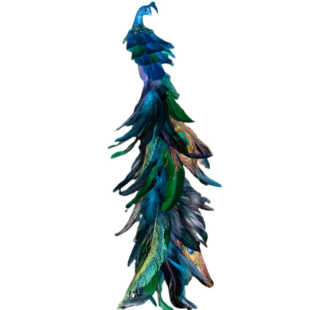Ccuuhj Blue Peacock Christmas Tree Topper Ornaments Long Tail Feather Peacock Christmas Decorations Glitter Peacock Bird Clip On Ornament For Xmas Tree Decor,16 Inch (Blue)