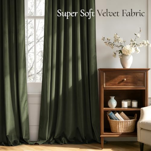 Image of MIULEE Olive Green Blackout Velvet Curtains Drapes 96 Inch Long 52 inchx96 inch | Luxurious Bedroom Living Room Decor, Room Darkening, Thermal Insulated, Rod Pocket Design, Super Soft Fabric