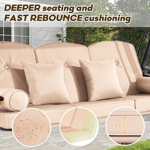 Image of 3 Seat Outdoor Patio Porch Swing with Adjustable Canopy, 3 in 1 Swing for Adults, Patio Swing Chair with Thickened Cushions,Pillows & Cup Holders for Backyard, Porch, Garden (Khaki)