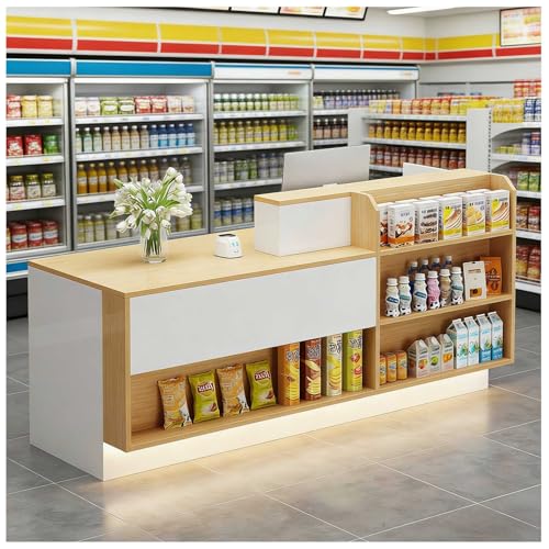 Escritorio moderno para oficinas, pequeño con iluminación LED, con cerradura y estantes abiertos, mesa de madera para cajas registradoras y tiendas, 140 x 60 x 100 cm