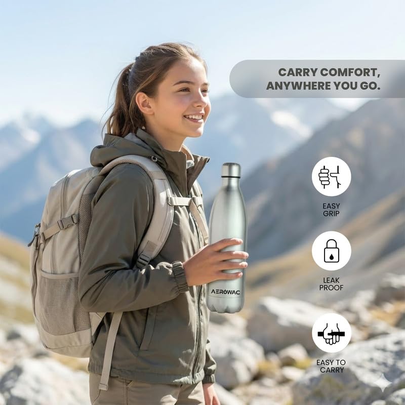 Image of 304 Stainless Steel Viva Insulated Flask 1000ml | Hot & Cold 24 Hours | Double Wall, Lightweight, Leak Proof, BPA-Free Bottle | Ideal for Office, Gym, School & Travel (Matte Silver, Pack of 1)