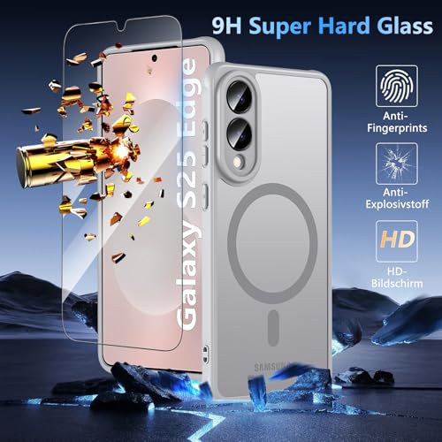Image of OWKEY for Samsung Galaxy S25 Edge Case 6.7'', Magnetic S25 Edge Case for Magsafe with Tempered Glass Screen, [Shockproof Military] Translucent Back Slim Bumper Cover Phone Case Galaxy s25 Edge, Gray