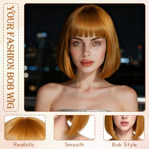 Image of PLULON Orange Brown Short Bob Wig with Bangs for Women, Colorful Neon Short Bob Synthetic Hair Wigs with Hair Cap Heart Sunglasses for Men Daily Bachelorette Halloween Costume Party Supplies