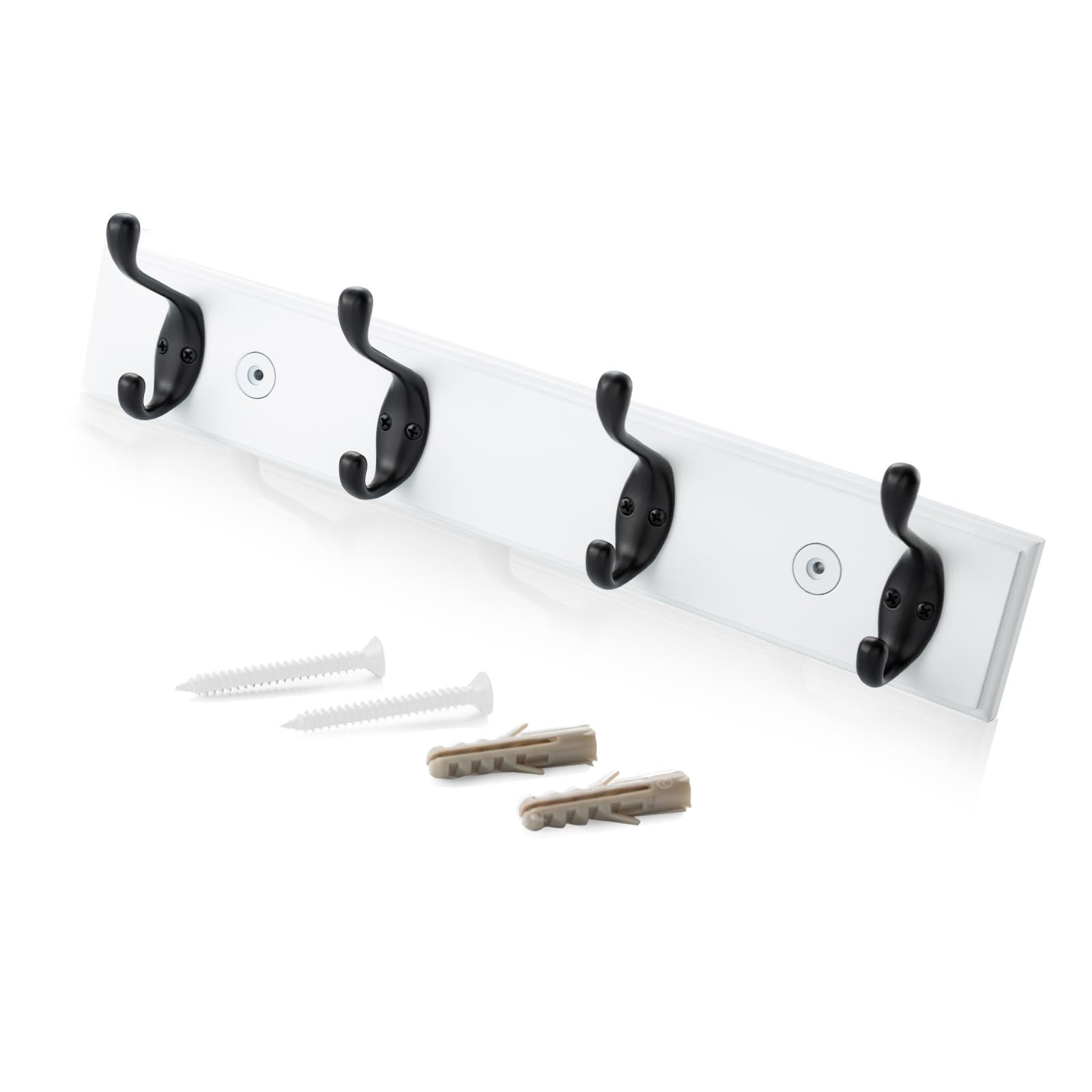 HOME MASTER HARDWARE Coat Rack Wall Mount White, MDF Wall Mounted Coat Hooks for Hanging Coats, 16" Hat Rack for Wall with 4 Matte Black Hooks