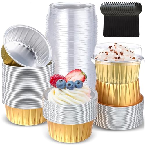 Catálogo para Comprar On-line Moldes para bizcoletas los 10 mejores. 44 Hisemy 50 Piezas Mini Moldes de Aluminio con Tapa | Molde de Aluminio Reutilizable + 50 Cucharas | 5oz| para Hornear Cheesecake, Brownies, Pudín, Pasteles - Oro