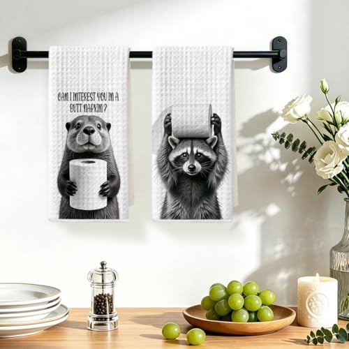 Image of Hanamiya Na 2Pcs Funny Raccoon Hand Towel for Bathroom 24x14 Inch, Humorous Raccoon Toilet Paper Absorbent Dish Cloth Towel, Waffle Hand Towels for Kitchen Toilet Home Bathroom, Raccoon Gifts