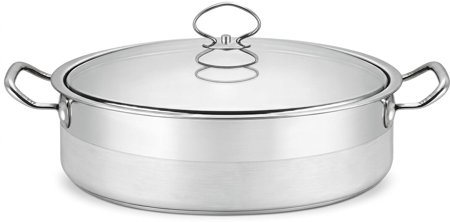 Format XXL - Marmite Basse en Acier Inox 25L - Faitout Professionnel Ø 45 cm avec Couvercle et Graduations Internes(Pour 20-30 Personnes) - Poignées Rivetées - Compatible Tous Feux dont Induction