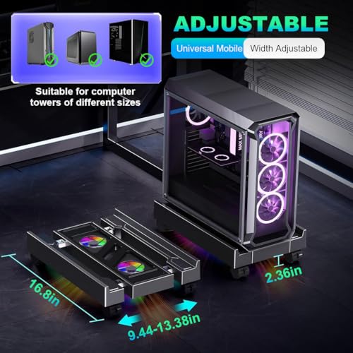 Image of ZORBES Adjustable Mobile CPU Stand, Computer Tower Stand with Cooling Fan, 9-12.9'' CPU Holder with 4 Rolling Casters, Under Desk Bracket PC Floor Cart PC Riser for Office, Home and Classroom