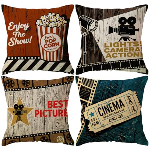 ULOVE LOVE YOURSELF 4pack Vintage Cinema Poster Pillow Covers Movie Theater with Popcorn,Filmstrip,Clapboard Pattern Home Decor Couch Pillow Case 18 X 18 Inch (Popcorn Cinema)