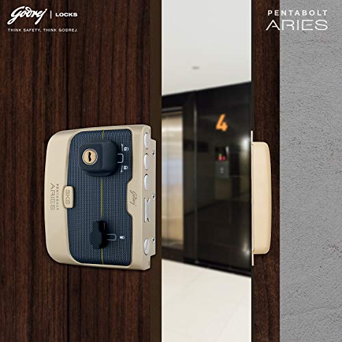 Image of Godrej Rim Lock I Pentabolt Aries 3KS I 5 Bolts I 2C Deadbolt I for Inside Opening Door l Left /Right Handed Doors I 4 Keys I 15-Year Warranty I Manual Locking I Vegas Gold Finish