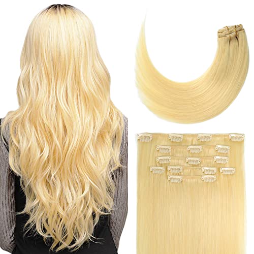 18 Inch Clip in Hair Extensions 70G Bleach Blonde 100% Remy Human Hair Soft Silky Straight for Fashion Women 7pcs 16clips One Pack (18 Inch #613)