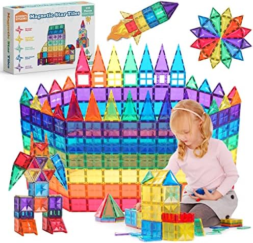 STEAM STUDIO Premium Magnetic Tiles Rivets & Large Strong Magnets, BPA Free Kids Toys, Building Blocks Toddler Toys for Boys Girls, Building & Construction Toys (110 pcs)