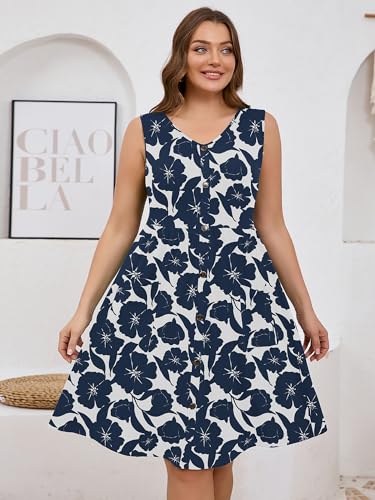 Image of AusLook Plus Size Women Summer Dresses Sleeveless Casual Loose Swing Button Down Midi Dress with Pockets 1X-5X