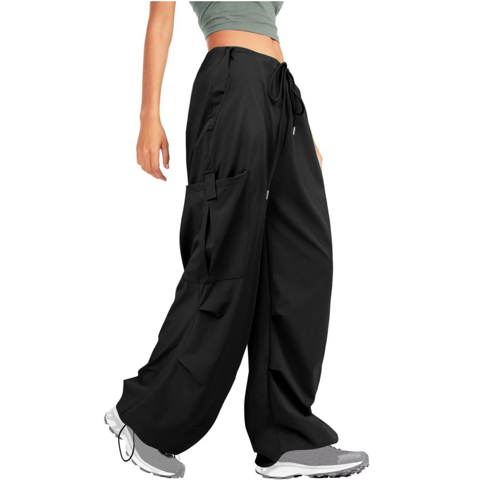 XUNRYAN The of The Day Cargo Pants Women w Pockets Y2K Parachute Pants Low Waist Lightweight Quick Dry Joggers Fashion Hippie Clothes Black