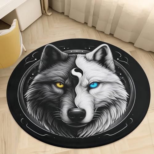 PEIHUODAN Alfombra Redonda Negra Gris Lobo Yin Yang 3D Moderna Decorativa Suave Antideslizante, Alfombras Sala De Estar, Dormitorio Niños Adolescentes, Almohadillas Sillas De Juego (Gris 1,60 cm)