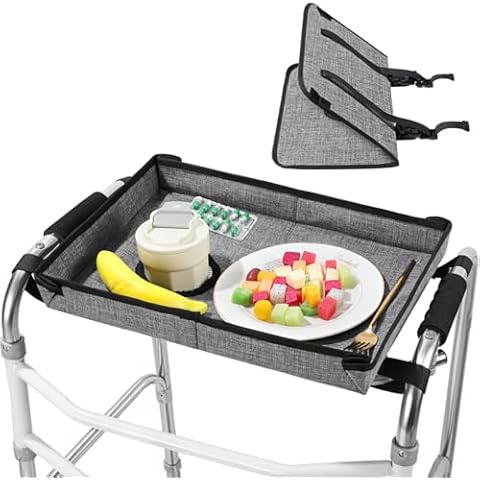 Rhino Valley Foldable Tray for Walker with Cup Holder, Walker Tray for Folding Walker, Walker Accessories for Elderly Rolling Walker Tray, Non-Slip Mobility Trays for Walkers for Seniors (Dark Gray) Cover