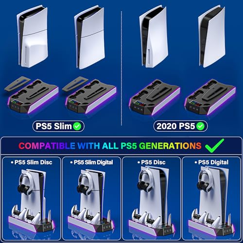 PS5 / PS5 Slim Cooling Station with Controller Charging Station - LED Light Cooling Stand for Playstation 5 Slim Disc/Digital Console, Accessories Incl RGB Light/Cooler Fan/3 USB Hubs/Headset Holder — view 6
