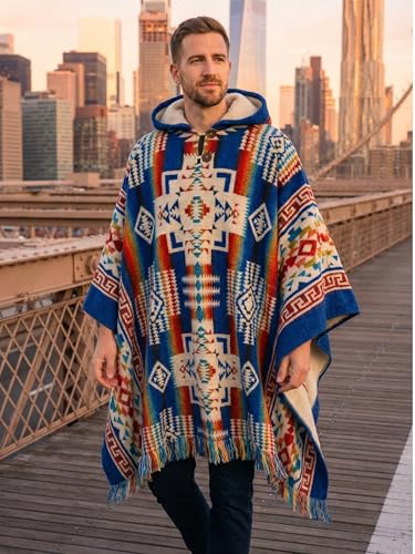 Image of Wool Poncho Adult Ponchos With Hood for men Alpaca Poncho Men Artesanal Ponchos Adult Alpaca Mens Panchos
