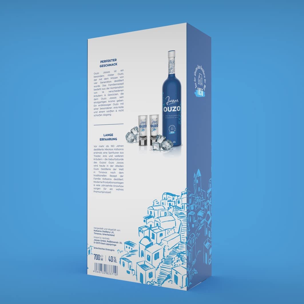 Jassas Ouzo 40% 0,7l + 2 Gläser in hochwertiger Geschenkbox | Besonders mild | Limited Edition | Älteste Ouzo Destillerie der Welt