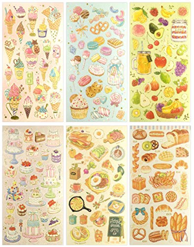 CL003-SWEET - Clear Gold Metallic Foil Sticker - 6 Different Sheets Decorative Craft Scrapbooking Sticker Set with Food Fruit and Dessert Boutique Themed Ornate Stickers