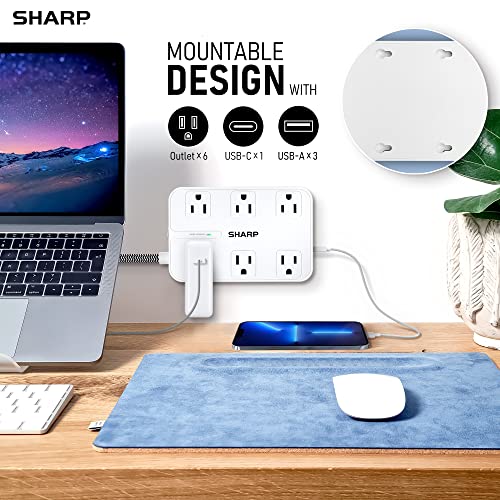 Protector eléctrico SHARP con 6 tomas, 4 puertos USB y enchufe plano miniatura 6