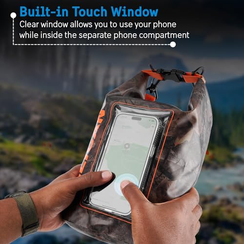 Image of Pelican Marine IP68 Waterproof Dry Bag 5L w /Phone Pouch /Case - Hunter Camo | Roll Top Waterproof Backpack with Touchscreen Phone Pouch - Swimming, Kayaking, Camping, Rafting, Fishing & Travel Essentials