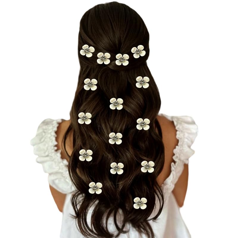 Hair Flare White Flower Hair Pins for Women | Bridal & Party Hair Accessories with Rhinestone Centers | Elegant Floral Hair Clips for Wedding, Festivals & Special Occasions | Set of 15