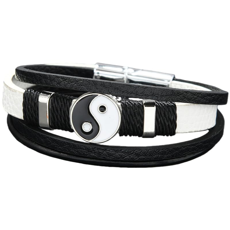 HUIANGLIYG Pulsera De Cuero Yin Yang Para Hombre, Con Dije De Tai Chi, Pulsera De Cuero Con Cierre Magnético, Pulsera Trenzada Multicapa, Joyería Espiritual Para Amigos Y Pareja, Color Blanco, 21 Cm